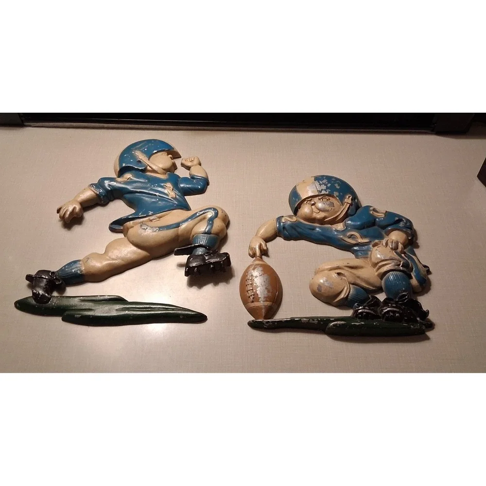 Vintage 1976 HCM Cast Aluminum Football Player Wall Plaques Pair USA